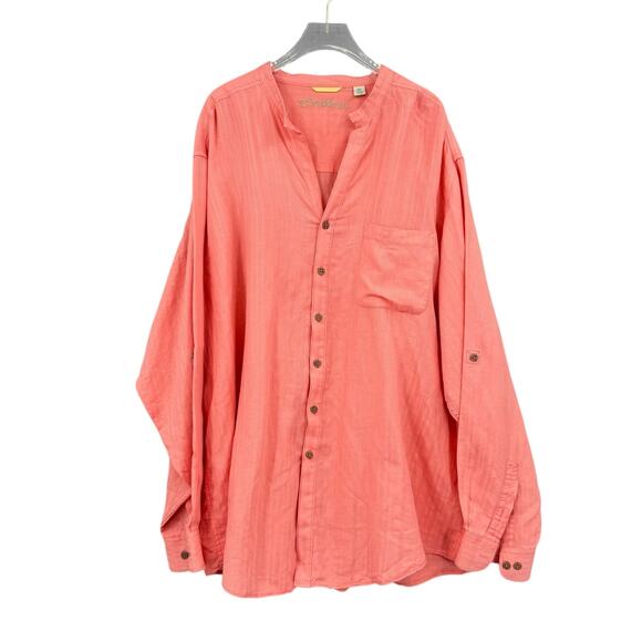 Caribbean Men’s 2X TALL Coral Orange Collarless Long Sleeve Button Up Shirt - Picture 1 of 8